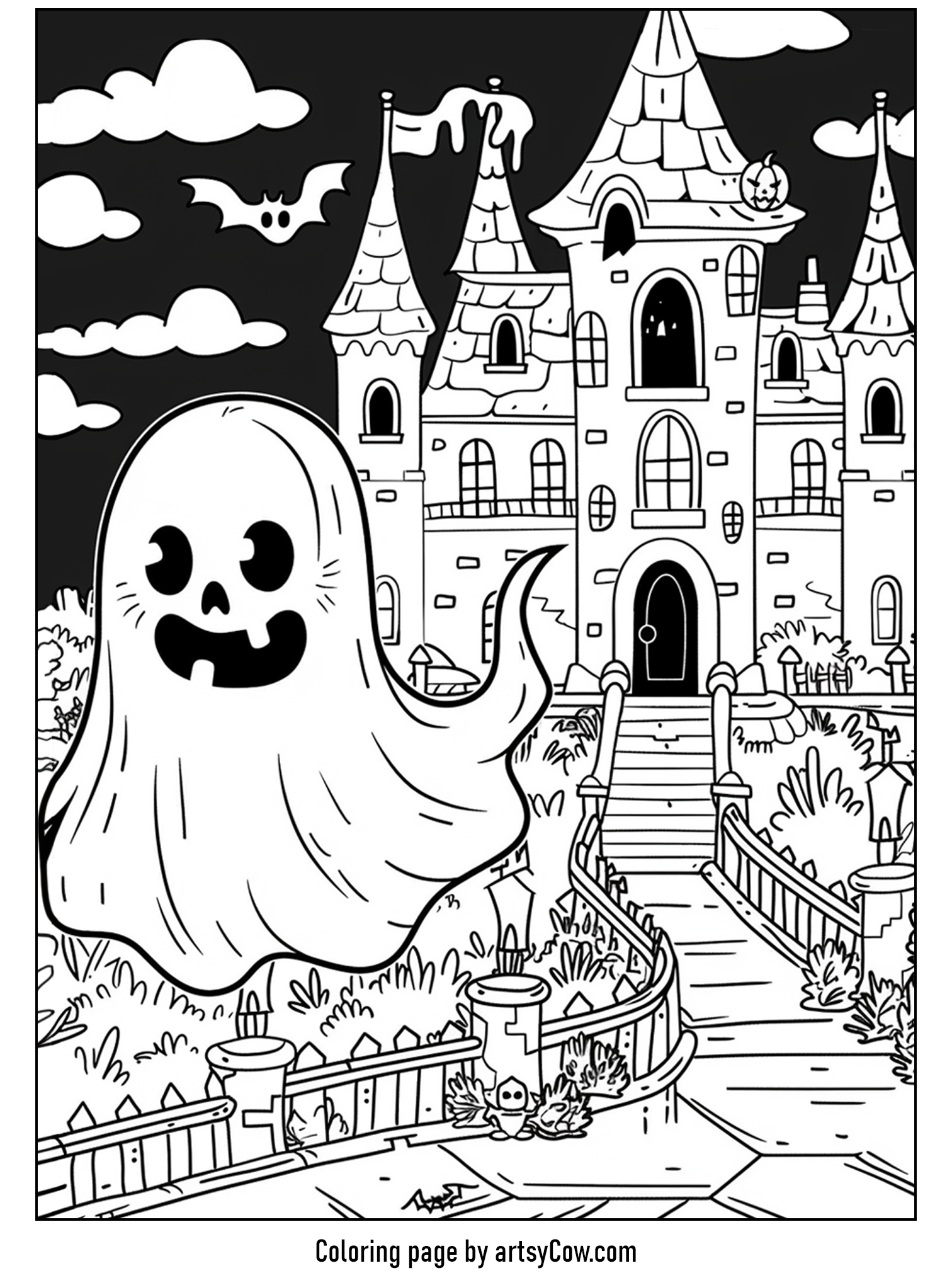 a large friendly ghost in front of a detailed spooky castle with bats